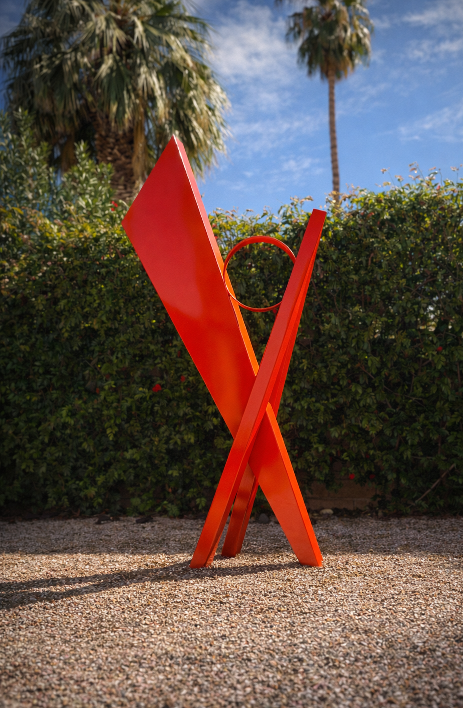 Convergence, a red geometric metal sculpture by Atomic Metalworks